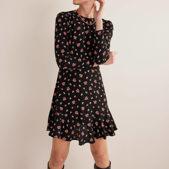 BODEN Floral Long Sleeve Flippy Minidress, size 8, Black, Red - Picture 1 of 16